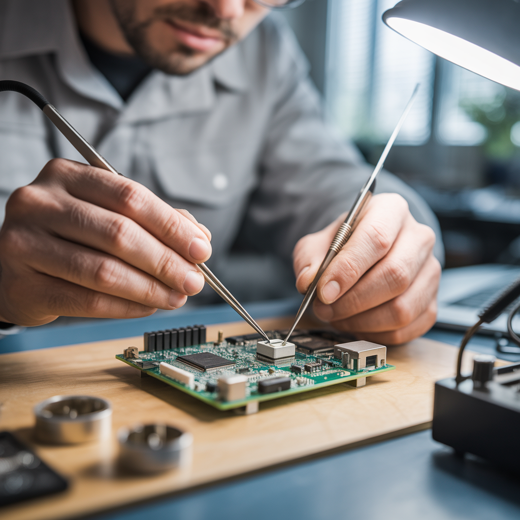 Technician delicately repairing a circuit board under soft light. Electronics technician repairing circuit board with precision tools.